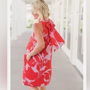 Gibson pink floral ruffle neck dress S